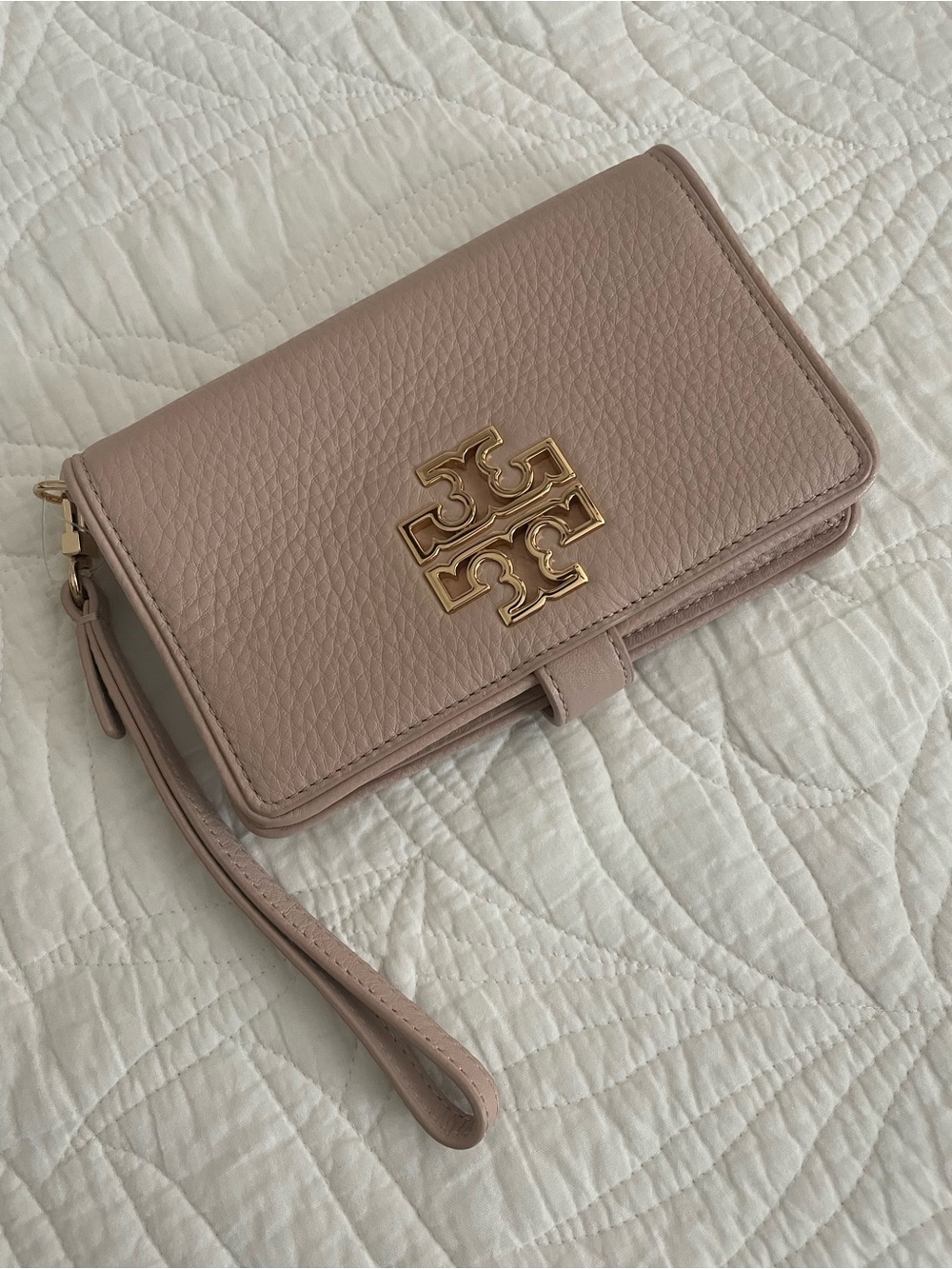 Tory Burch Blush Leather Wristlet with Gold Logo